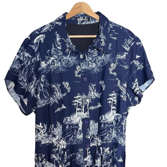 Eshakti Toile Print Crepe Belted Shirt Dress Size 2X Blue Pastoral Horse Novelty - Picture 5 of 16